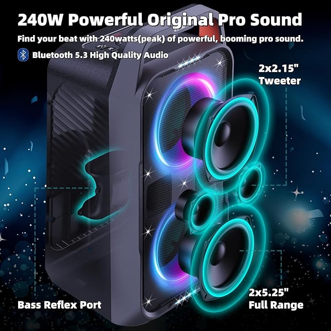 Portable Bluetooth Speaker: 240W Peak Powerful Loud Sound Deep Bass Wireless - Image 2