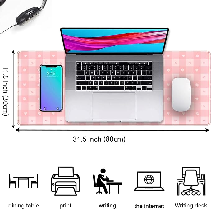 Pink Minimalist Gingham Floral Desk Mat Gaming Mouse Pad Large Cute Pastel Desk - Image 2