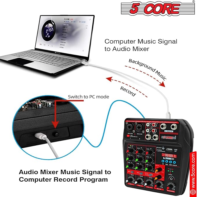 5 Core Audio Mixer 4 Channel DJ Mixing Board Small Bluetooth USB Analog - Image 6