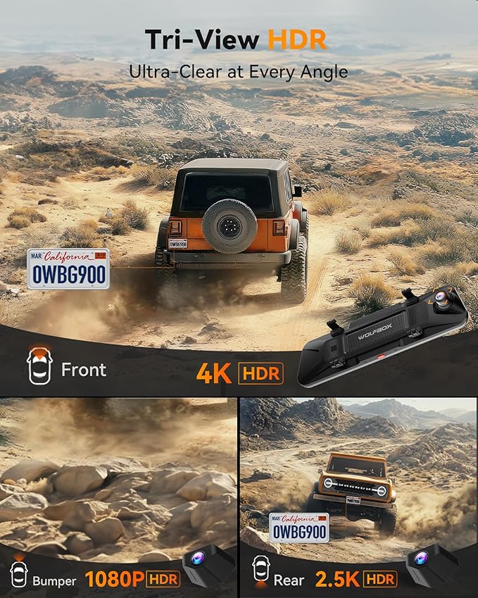 WOLFBOX G900 Tripro Bumper Version 3 Channel 4K Mirror Dash Cam, STARVIS 2 - Image 2