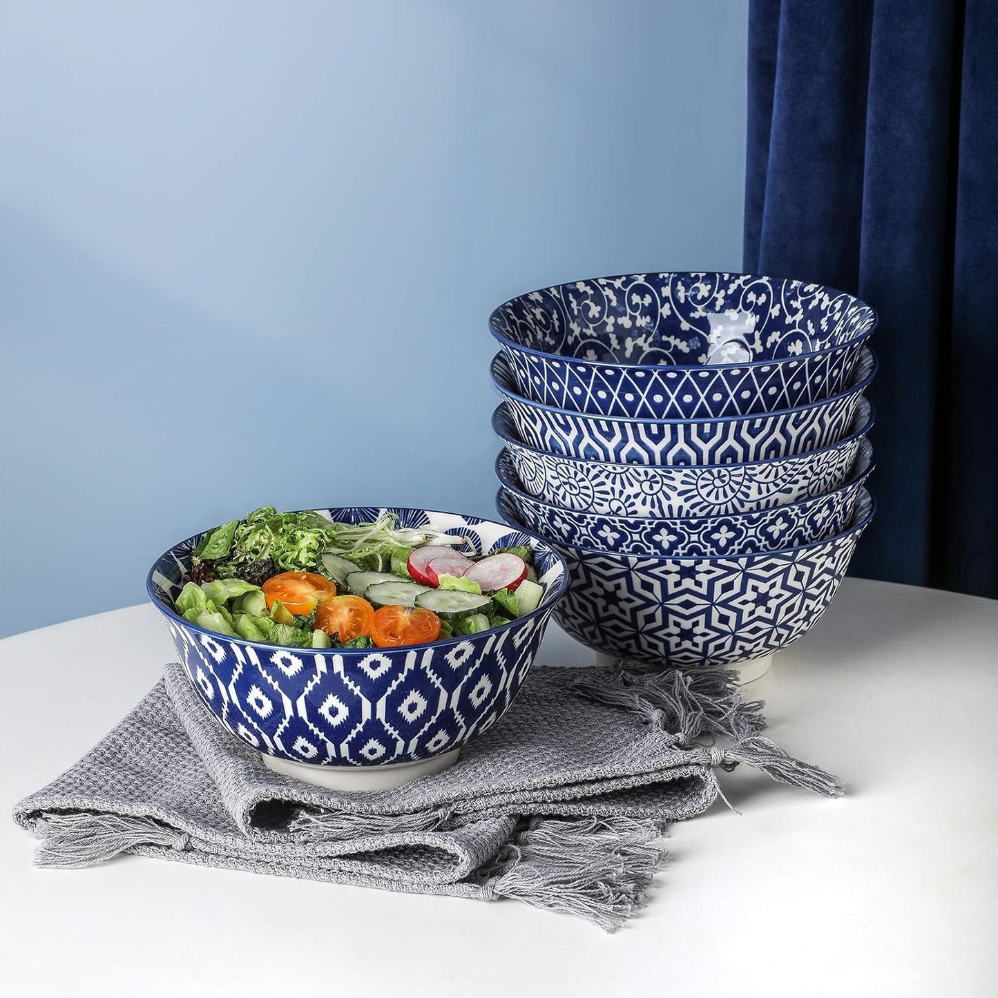 Selamica 7 inches Porcelain Cereal Bowl Set - Set of 6, Soup Bowls, Ceramic bowls for Cereal, Soup, Salad and Pasta, Vintage Blue