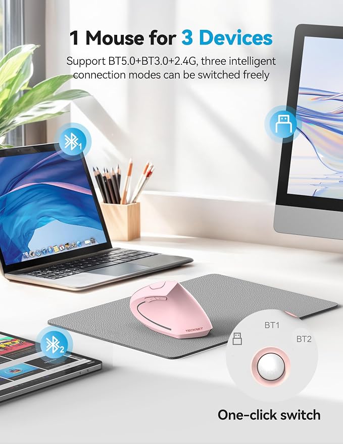 TECKNET Ergonomic Mouse, Rechargeable 2.4G+Bluetooth Vertical Mice 6 DPI - Image 2