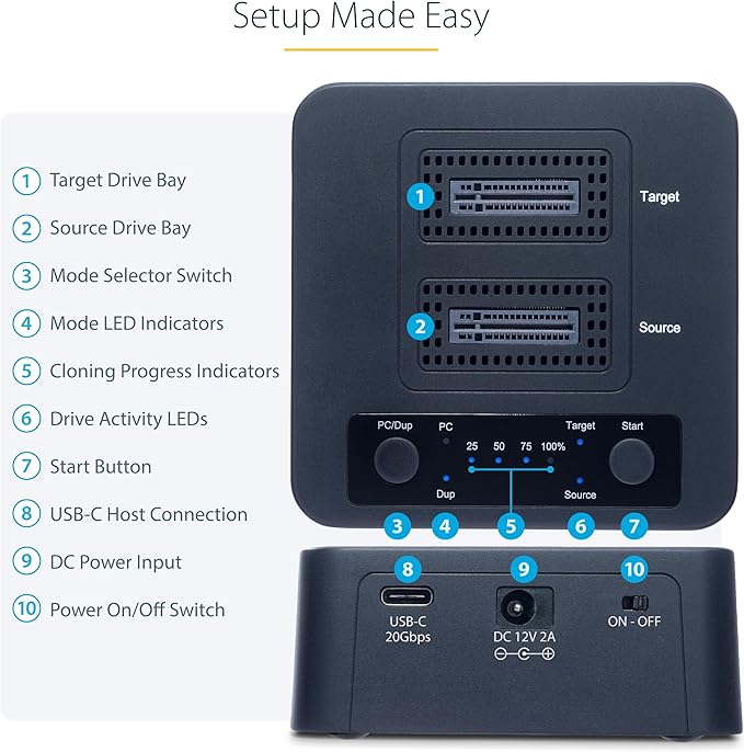 StarTech.com 1:1 M.2 NVMe Drive Duplicator, 90GBpm Standalone M.2 SSD - Image 6