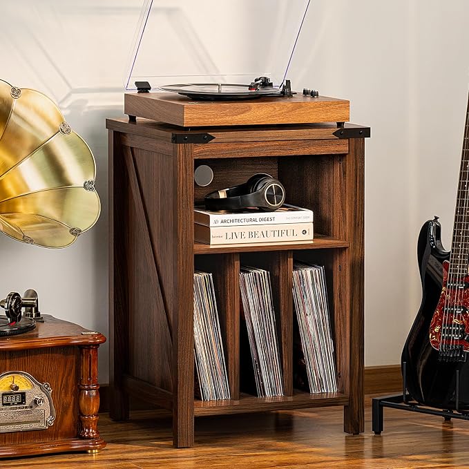 Record Player Stand with Vinyl Record Storage, Rustic Brown Record Player Table - Image 2