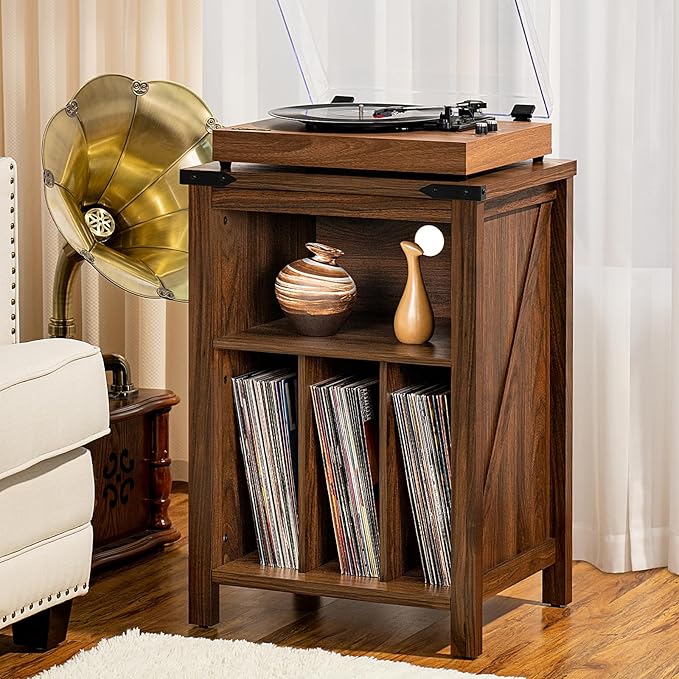 Record Player Stand with Vinyl Record Storage, Rustic Brown Record Player Table - Image 4