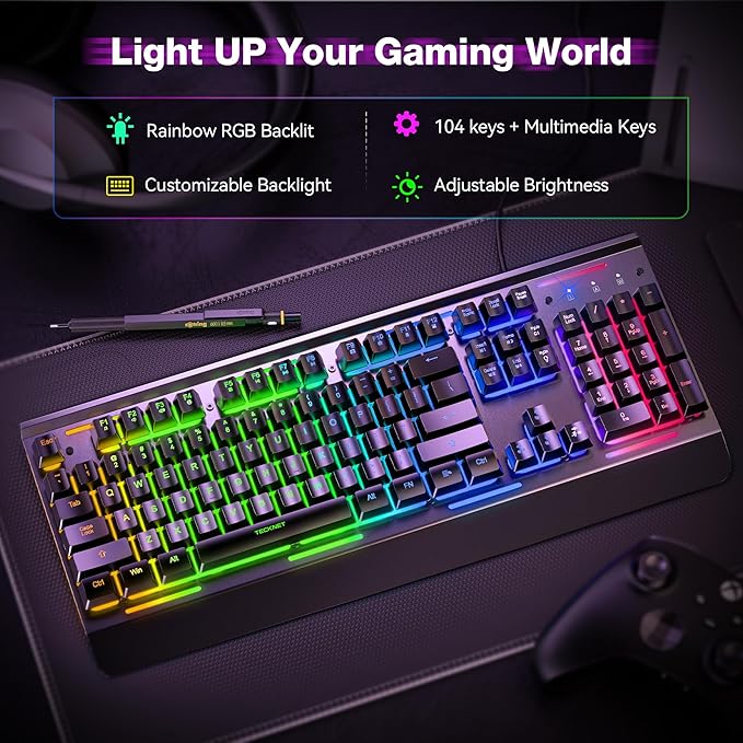 TECKNET Wired Gaming Keyboard, USB Wired Computer Keyboard, 15-Zone RGB - Image 3