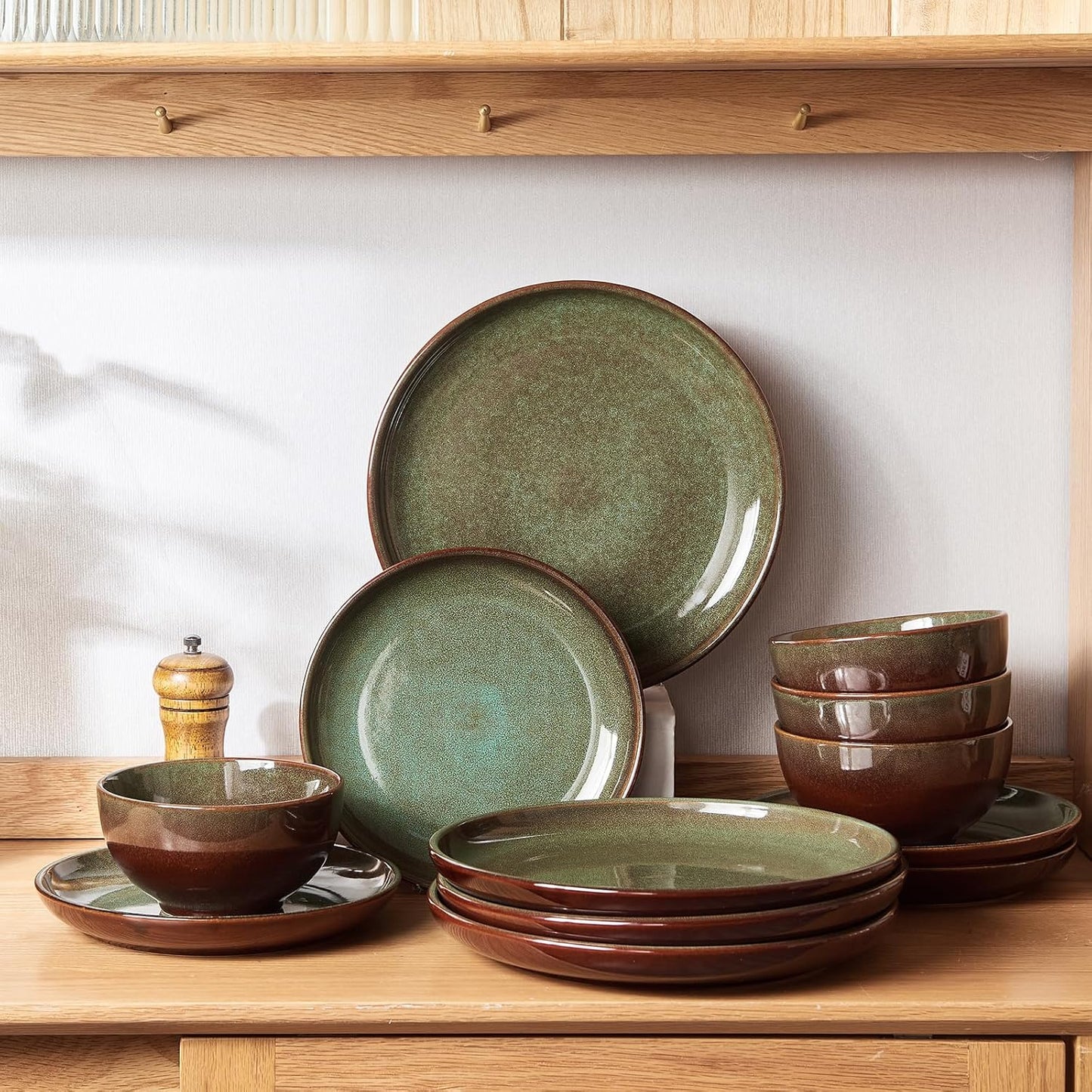 32 Piece Double Bowl Dinnerware Sets with Pasta Bowls, Highly Chip and Crack Resistant Plates and Bowls Sets, Natural Earthyware Ceramic Dishware Sets, Service for 8 Brown Green