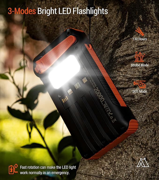 Solar Power Bank 20000mAh Built in Hand Crank and 4 Cables 22.5W Fast Charge - Image 4