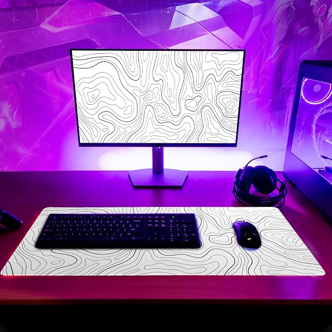 Topographic Contour White Gaming Mouse Pad XL Geographic Map Lines Extended Big - Image 6
