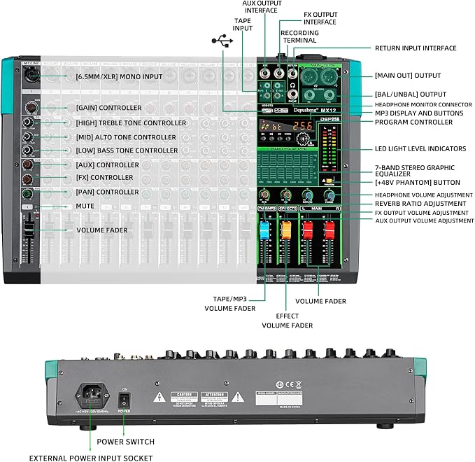 Depusheng MX12 12 Channel Sound Mixer Audio Mixing Console 48V 256DSP - Image 2