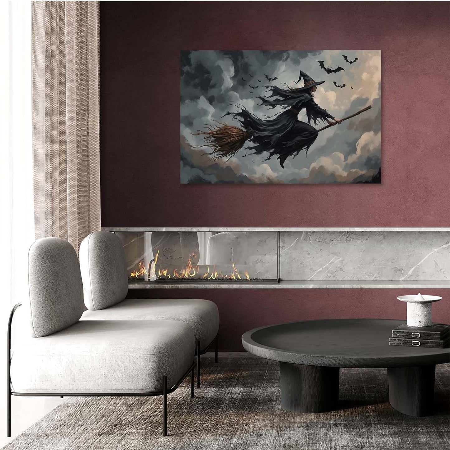JFHCQJPK Witch and bat flying Halloween poster suitable for home party wall decoration retro Halloween preppy style wall art canvas print suitable for room decoration8x12in Frameless
