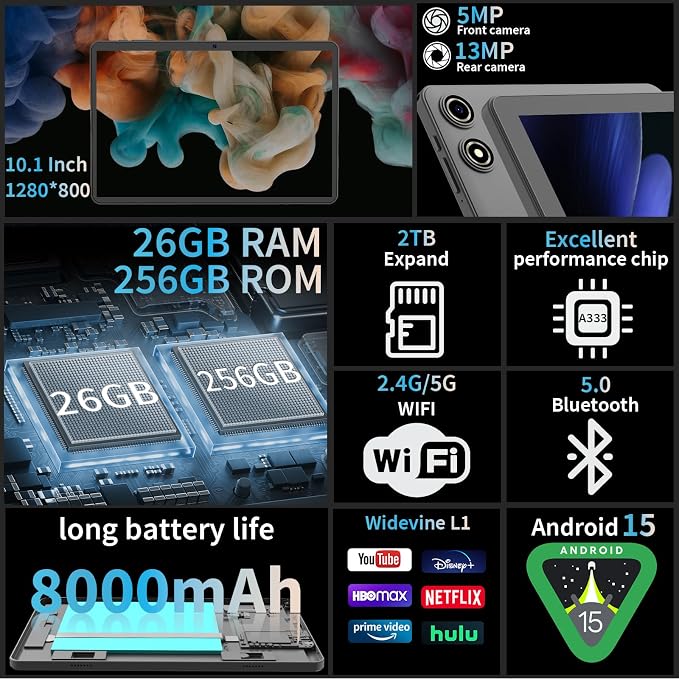 Android 15 Tablet, 26GB + 256GB, 10.1-inch Tablet - Image 2