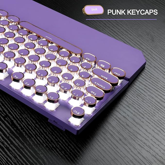 MageGee Typewriter Mechanical Gaming Keyboard, Retro Punk Purple Round Keycaps - Image 6