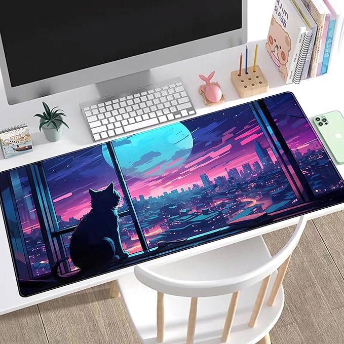 Cool Purple Kawaii Anime Moom Cat Desk Mat XXL Large Gaming Mouse Pad, Cute - Image 5