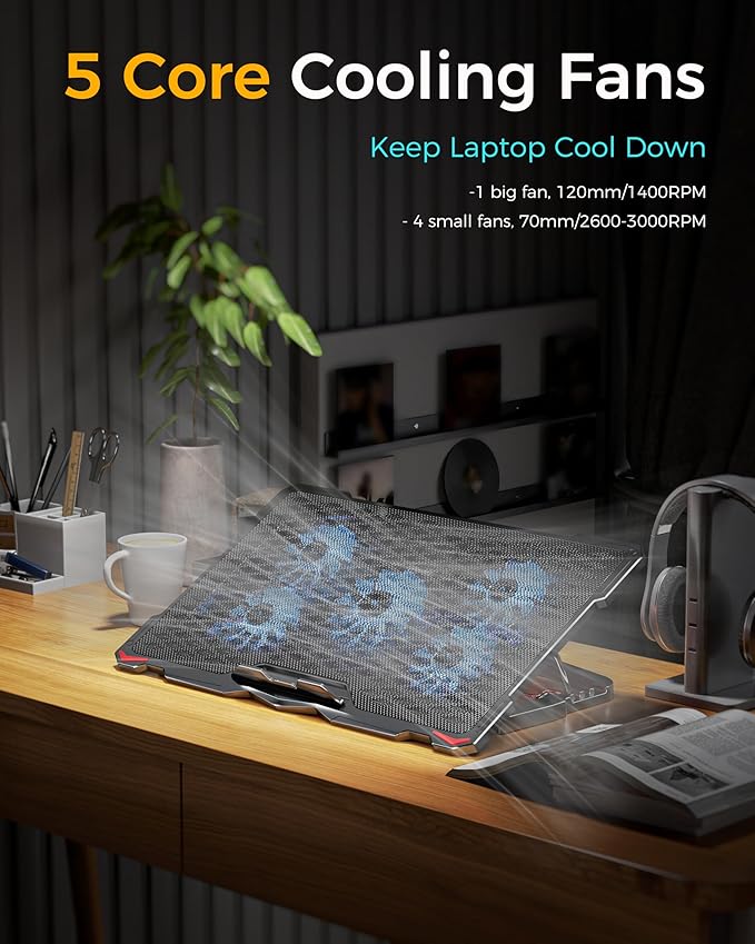 AICHESON Laptop Cooling Pad 5 Fans Up to 17.3 Inch Heavy Notebook Cooler - Image 2
