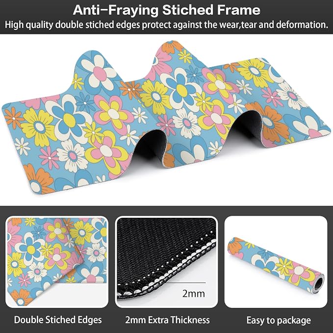 Colorful Retro Flowers Desk Mat, Large Cute Floral Gaming Keyboard Mouse Pad - Image 3
