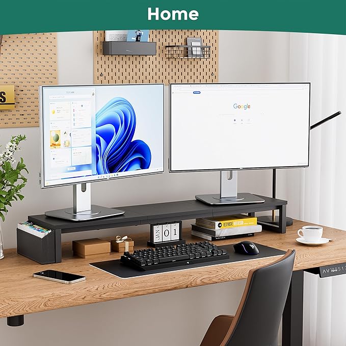 Dual Monitor Stand Riser, 41.5'' Extra Long Wood Monitor Stand Desktop Organizer - Image 9