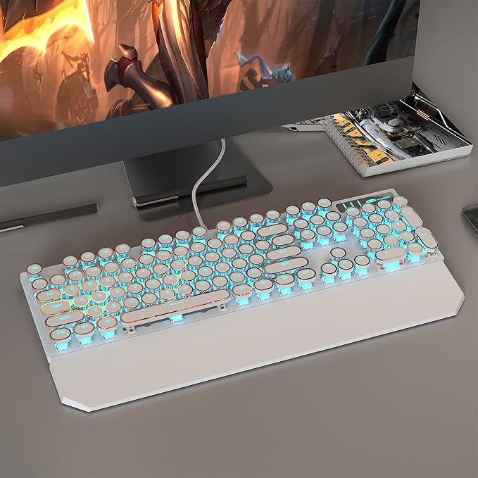MageGee Typewriter Mechanical Gaming Keyboard, Retro Punk White Round Keycaps - Image 8