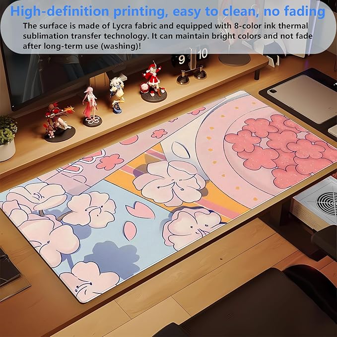 Pink Floral Mouse Pad XXL Cute Anime Gaming Desk Mat 31.5"x15.7", Thickened - Image 5
