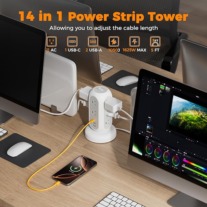 Surge Protector Power Strip Tower, TESSAN 5 FT Retractable Extension Cord - Image 3