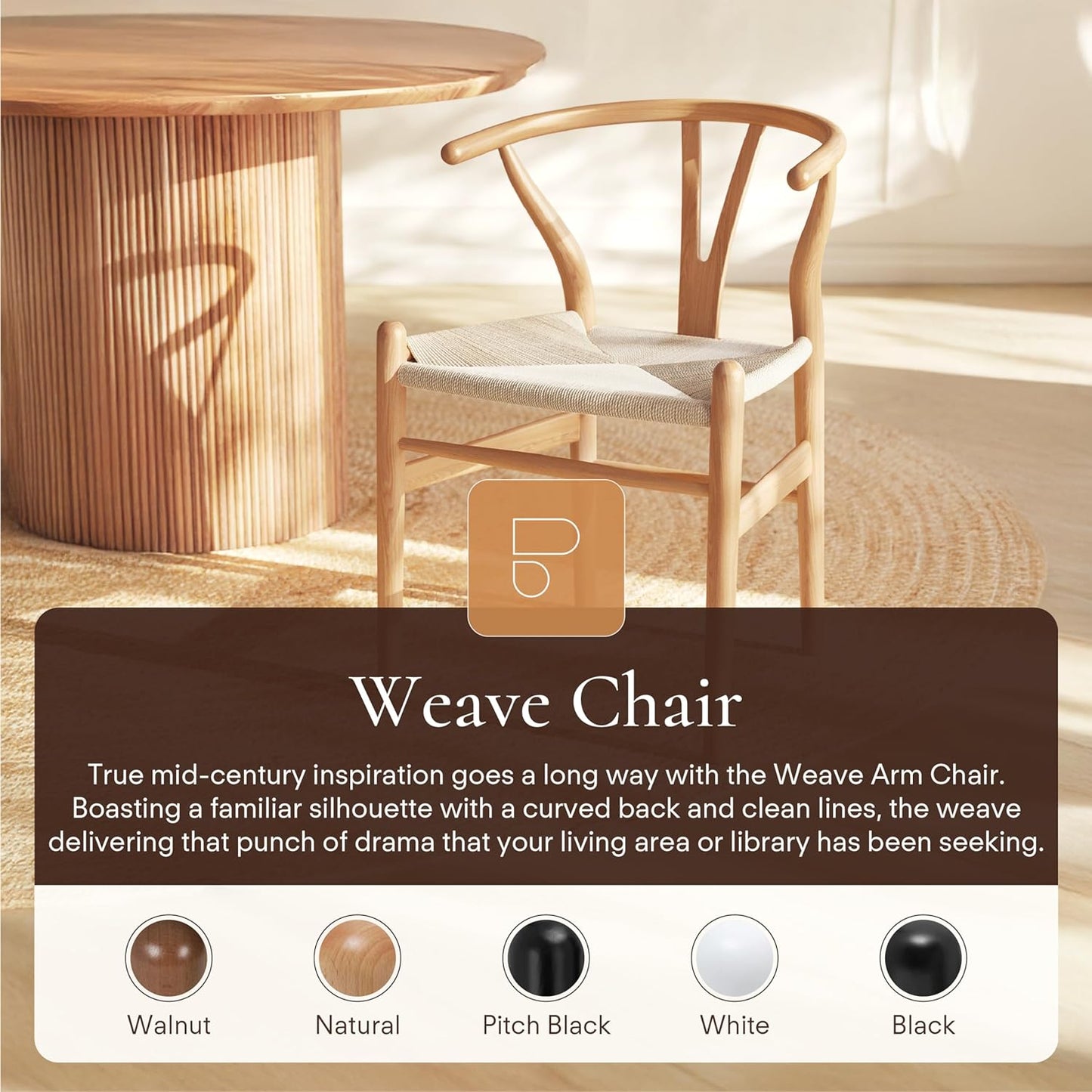 POLY & BARK Weave Dining Chairs – Mid-Century Modern Wishbone Dining Chairs with Arms, Solid Wood Frame, Indoor Use – Natural – Set of 2 - Ideal for Dining Room, Kitchen or Stylish Accent Setting