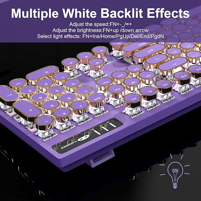 MageGee Typewriter Mechanical Gaming Keyboard, Retro Punk Purple Round Keycaps - Image 4