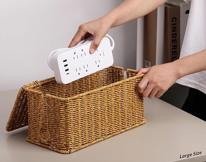 2Pack Large Cable Management Box, Handwoven Imitation Rattan Cord Organizer - Image 3