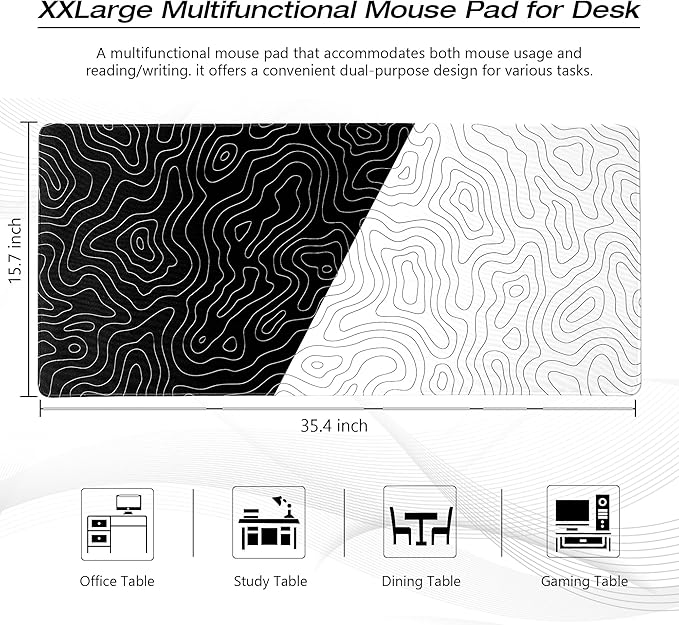 XVX Black and White Topographic Mousepad, XXLarge Gaming Mouse Pad - Image 2