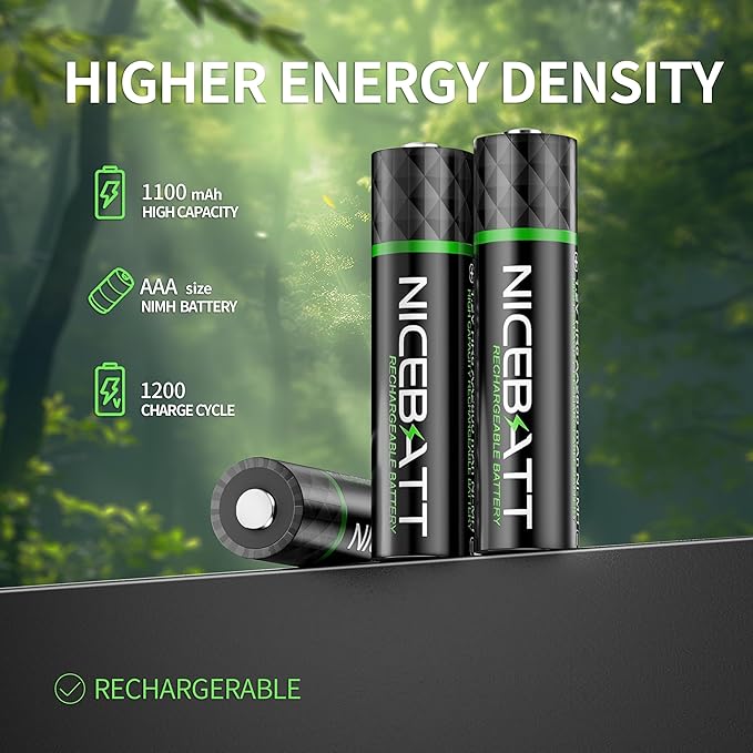 NICEBATT Rechargeable AAA Batteries 1100mAh, Premium NiMH Triple A Battery Low - Image 2