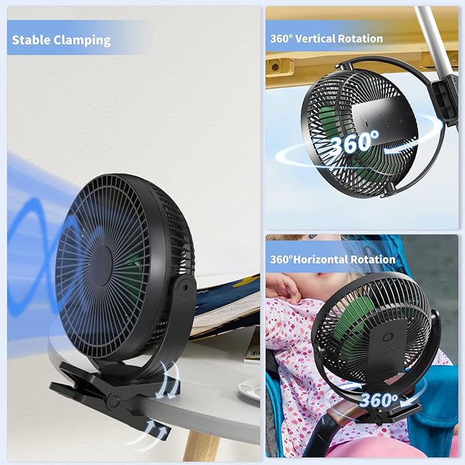 Clip on Fan, Rechargeable Portable Fan, 8 Inch Small Desk Fan - 10000mAh - Image 5