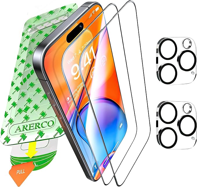 Full Edge Coverage 9H+ Glass 2 Pack+2 Camera lens cover by ARERCO