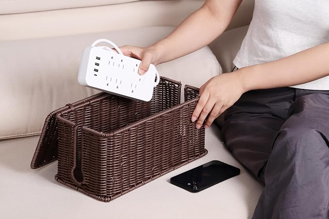 Large Cable Management Box, Handwoven Imitation Rattan Cord Organizer Cord - Image 6