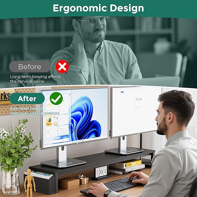 Dual Monitor Stand Riser, 41.5'' Extra Long Wood Monitor Stand Desktop Organizer - Image 5