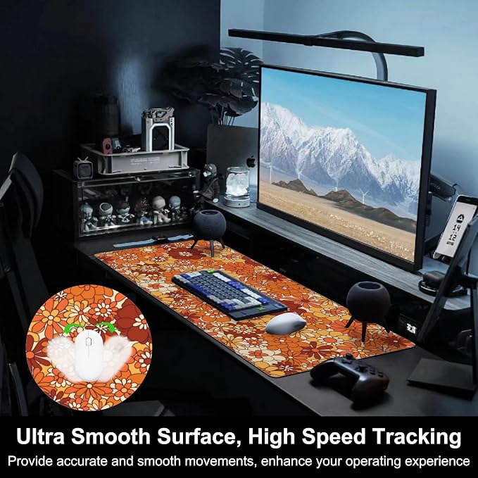 Mouse Pad, Large Retro Boho Hippie Flower Desk Mat, Extended Non-Slip Gaming - Image 5