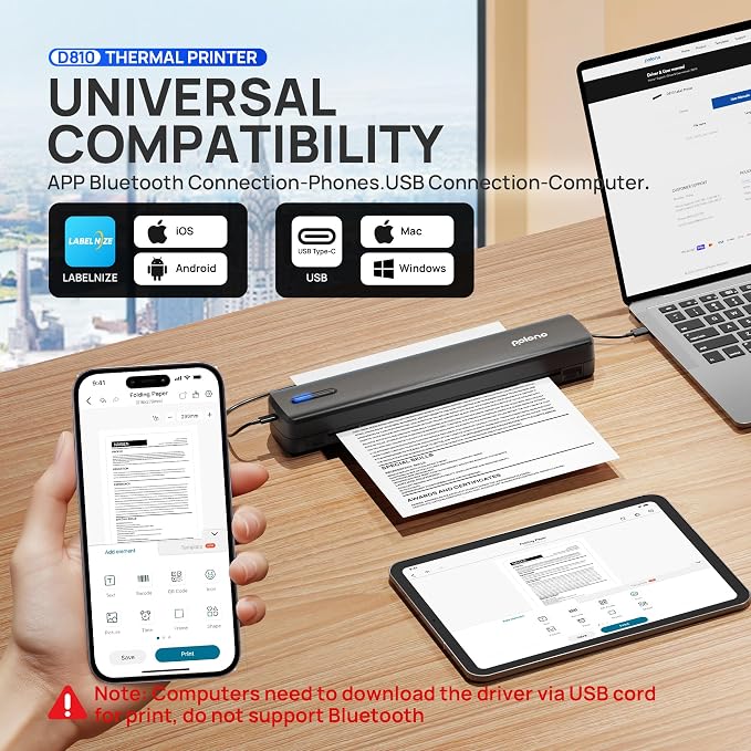POLONO Portable Printer, D810 Inkless Bluetooth Thermal Printer Wireless - Image 2