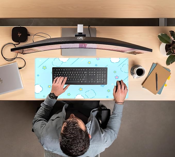 Kawaii Pastel Blue Star Grid Desk Pad, Large Gaming Mousepad & Keyboard Mat - Image 5