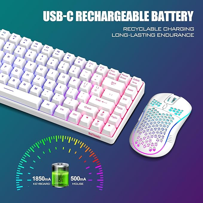 RedThunder K84 Wireless Keyboard and Mouse Combo, Rainbow Backlit Rechargeable - Image 5