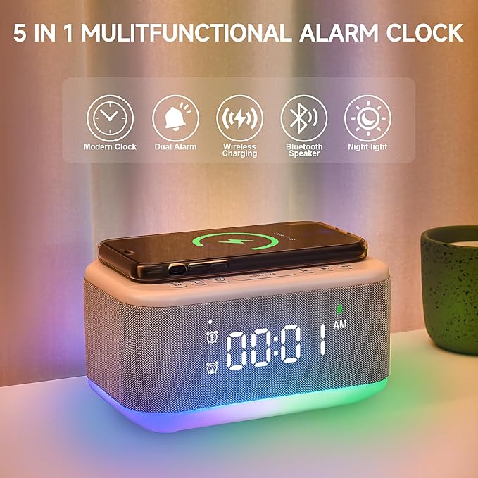 Alarm Clock Speaker Wireless Charger, Digital Alarm Clocks Bedrooms Bluetooth - Image 2