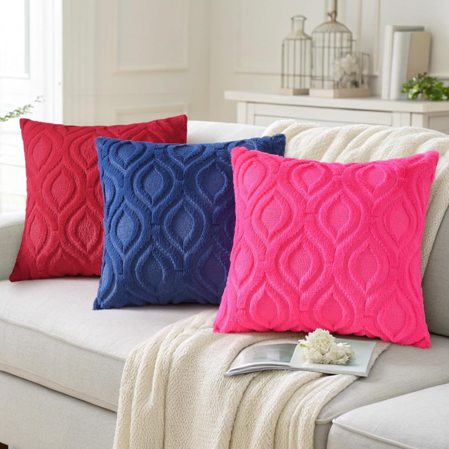 decorUhome Fall Throw Pillow Covers 20x20 Inch Set of 2, Soft Plush Decorative Faux Fur Hot Pink Solid Couch Pillow Covers, Accent Farmhouse Neutral Square Euro Pillow Cases for Sofa Bed Living Room