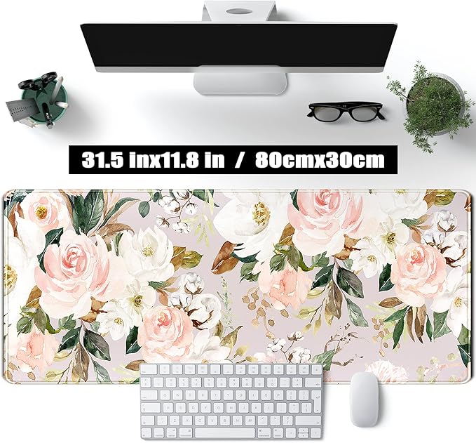 Pink Flowers Keyboard Pad PC Gaming Desk Mat Desk Mouse Pads Green Leaves - Image 2