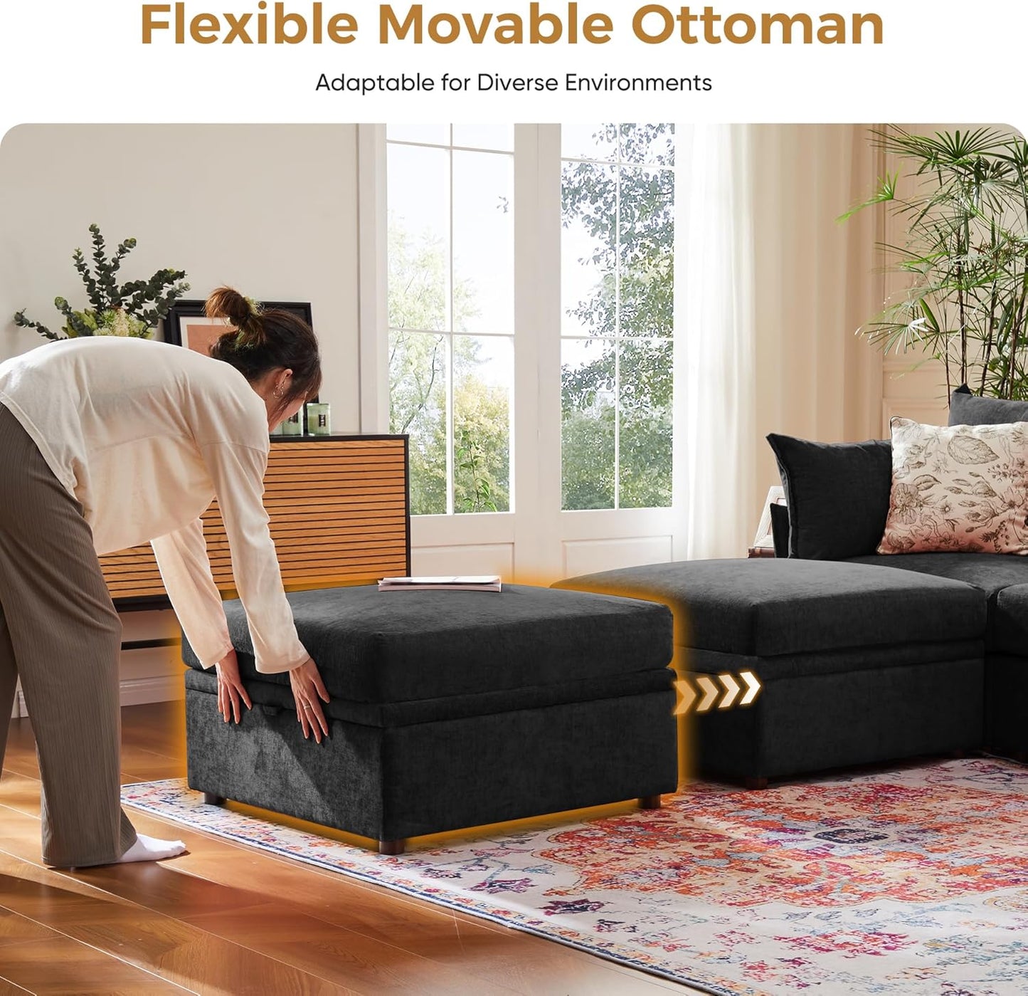 134.6" Oversized Modular Sectional Sofa, Large 7 Seater U Shaped Couch with Storage Ottoman with Reversible Chaise Deep Seat for Living Room, Apartment - Chenille Black