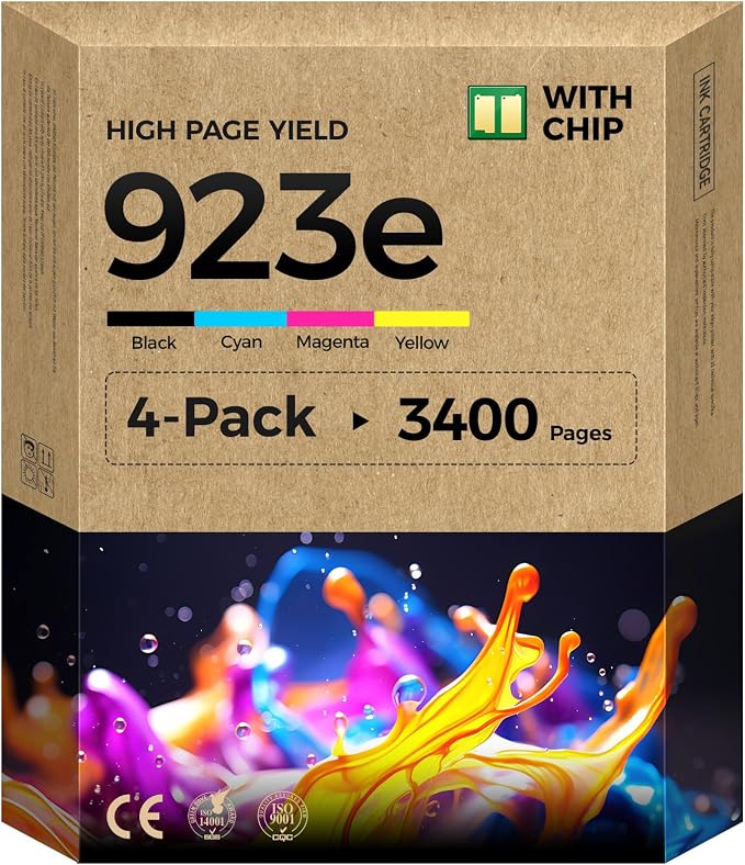 923XL 923e Ink Cartridges with chip 4-Pack Black Cyan Magenta Yellow High Yield by INKBAY