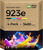 923XL 923e Ink Cartridges with chip 4-Pack Black Cyan Magenta Yellow High Yield by INKBAY