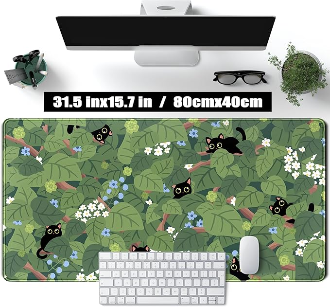 Kawaii Anime Aesthetic Black Cat Forest Plant Desk Mat, Laptop Keyboard and - Image 2