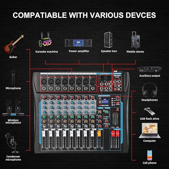8 Channel Audio Mixer Sound Board Mixer 16 DSP Effect Audio Interfacer w/USB - Image 2