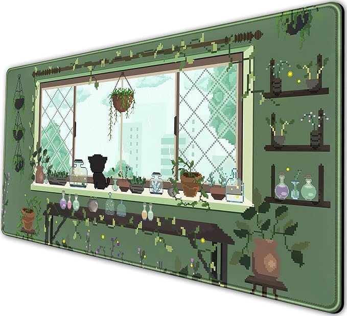 Cute Kawaii Green Plant Desk Mat Anime Aesthetic Mousepad Pixel Art XXL Large by LuckyCow