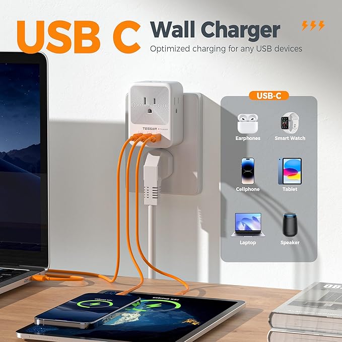 USB Multi Plug Outlet Splitter, TESSAN Surge Protector 4 Outlet Extender - Image 2