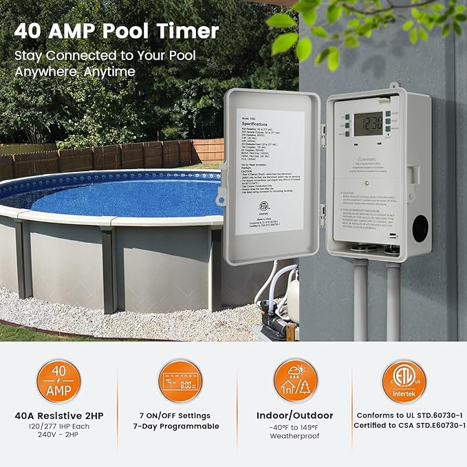 SURAIELEC Pool Timer, 7-Day Digital Pump Timer Switch, 40 AMP Heavy Duty - Image 2