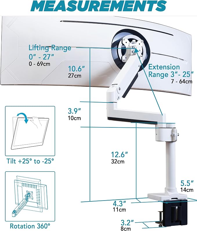 Heavy Duty Monitor Arm for Ultrawide Monitors up to 57" and 44 lbs, Single Desk - Image 7