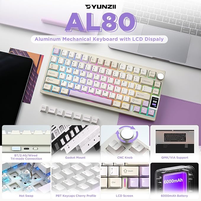 YUNZII AL80 Wireless Mechanical Keyboard, Full Aluminum CNC, Smart LCD Display - Image 2